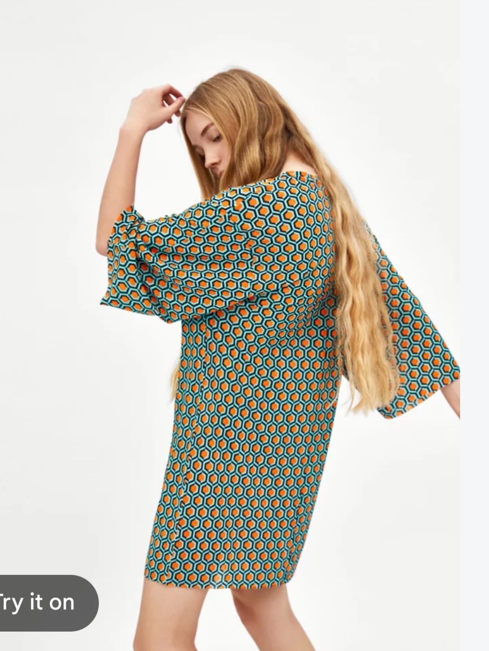 Zara Hexagon-Print Mini Dress in Teal & Orange